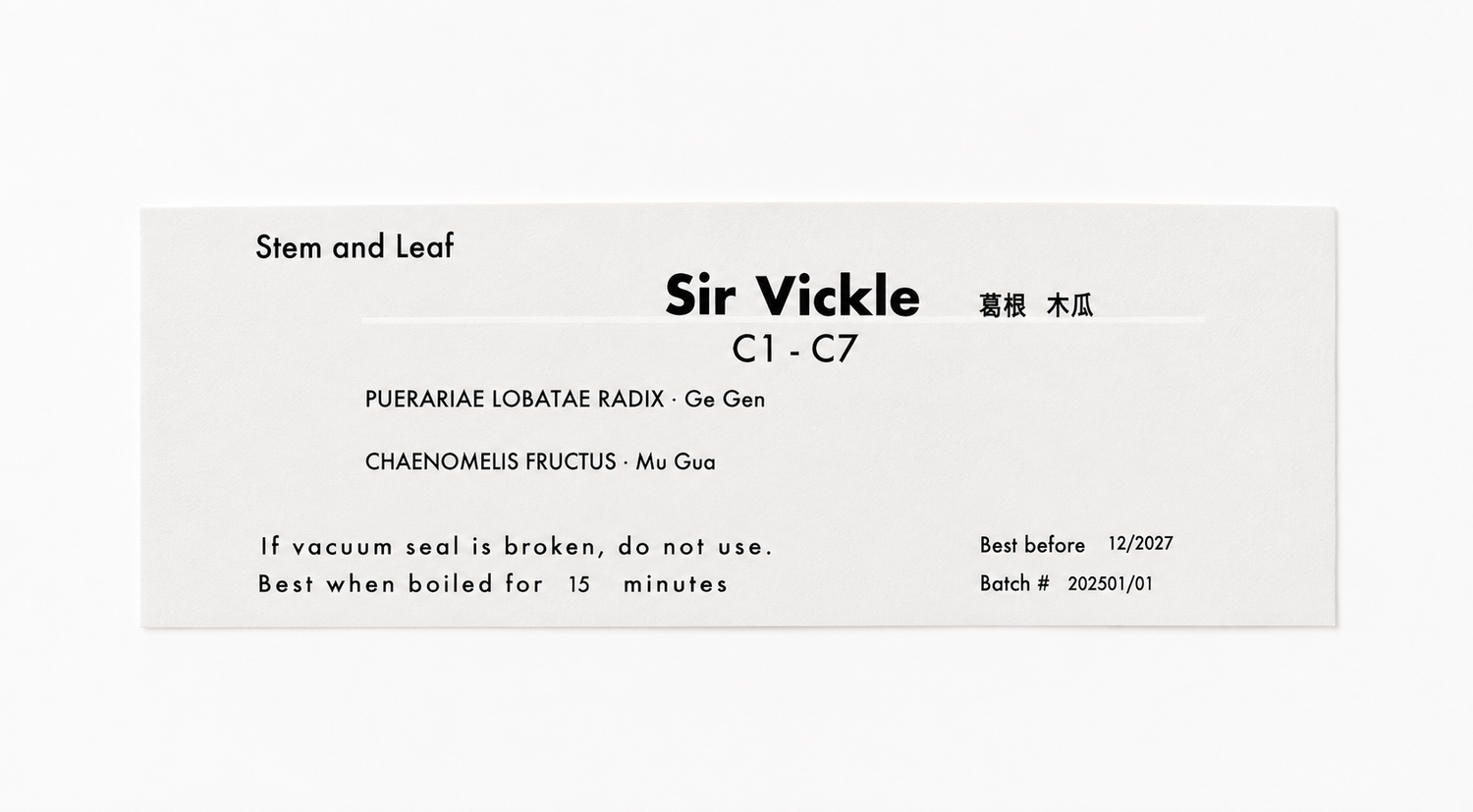 Close-up of the Sir Vickle (C1-C7) herbal tea product label from Crawford Wellness, showing ingredients and brewing instructions on a light background.