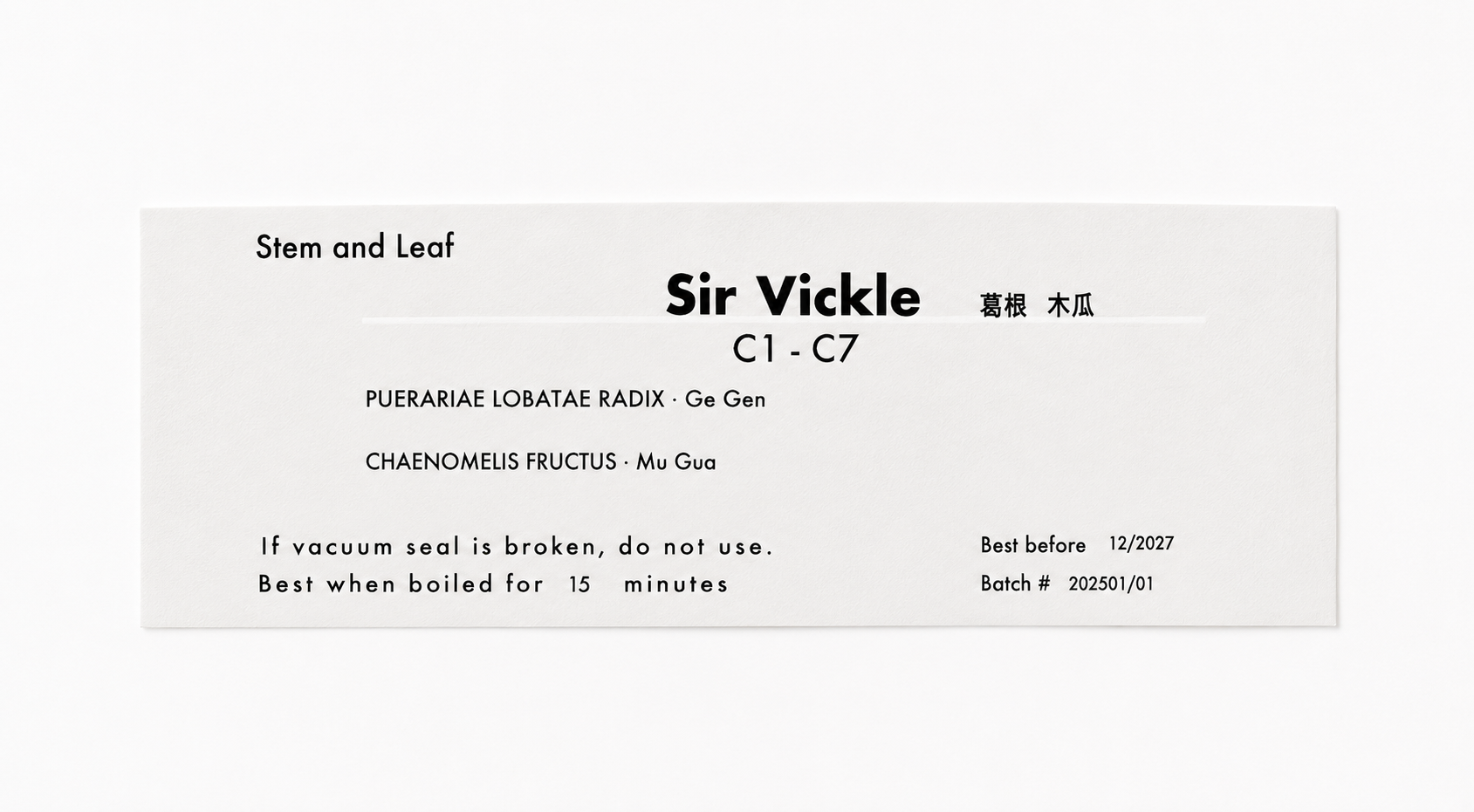 Close-up of the Sir Vickle (C1-C7) herbal tea product label from Crawford Wellness, showing ingredients and brewing instructions on a light background.