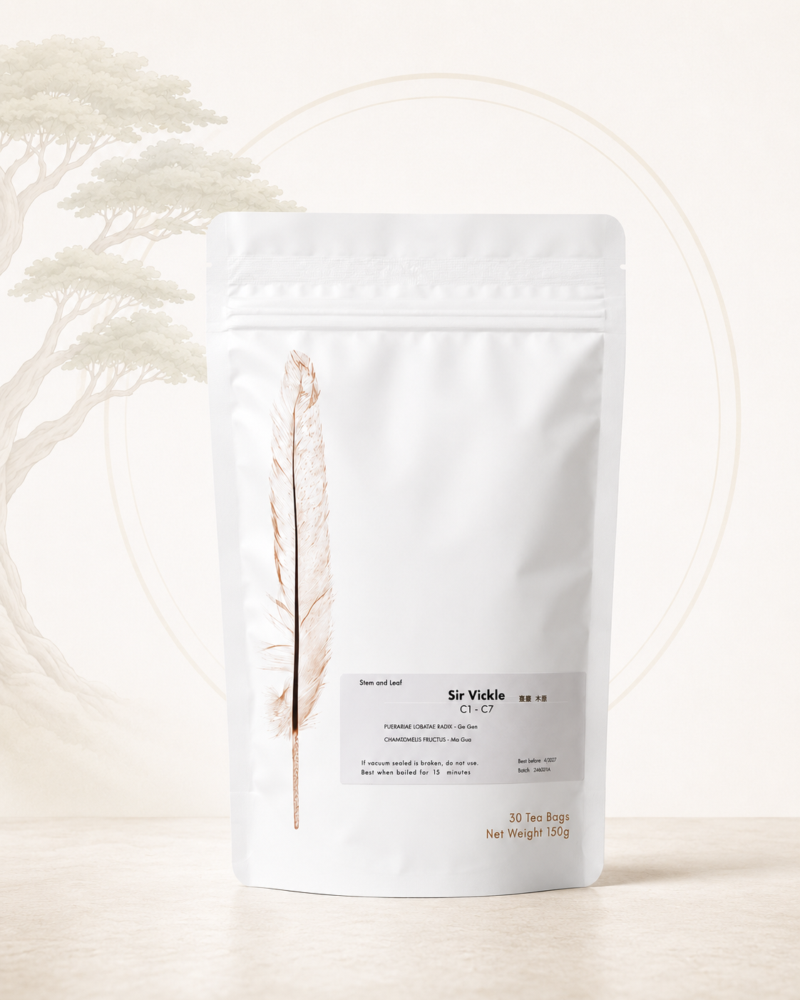 Sir Vickle herbal tea (C1-C7 formula) from Crawford Wellness, with a white label, in a white stand-up pouch on a sage green background.