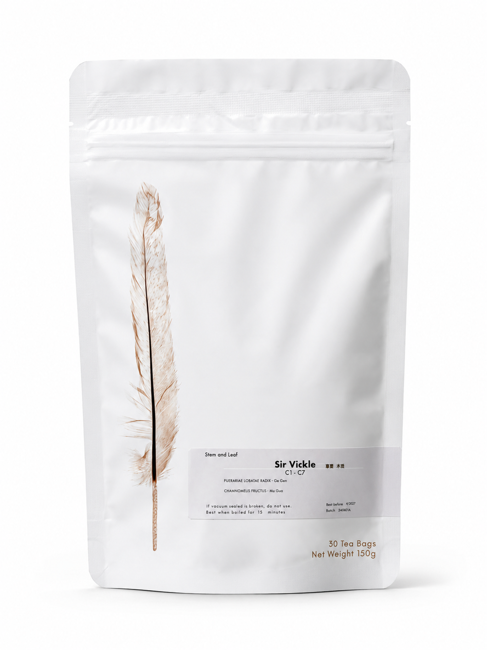 Sir Vickle herbal tea (C1-C7 formula) from Crawford Wellness, with a white label, in a white stand-up pouch on a plain white background.