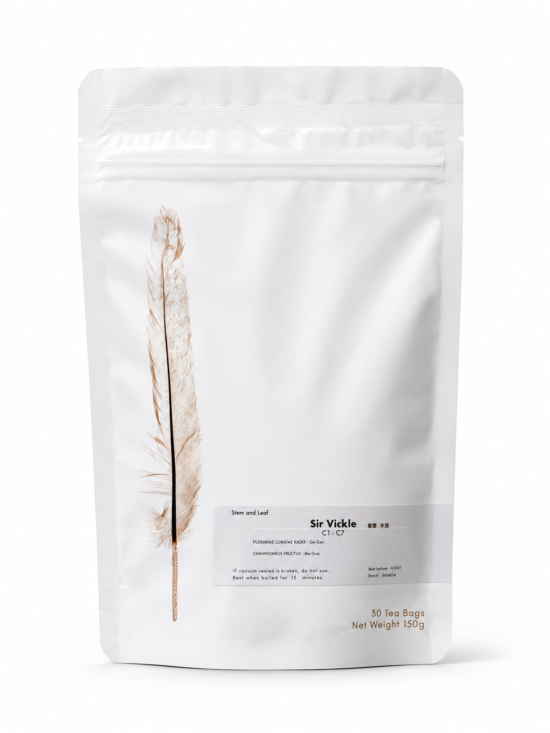Sir Vickle herbal tea (C1-C7 formula) from Crawford Wellness, with a white label, in a white stand-up pouch on a plain white background.