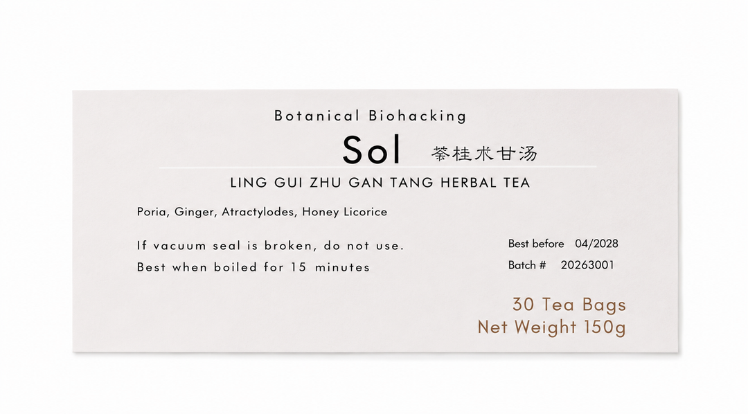 Close-up of the Sol (Ling Gui Zhu Gan Tang) herbal tea product label from Crawford Wellness, showing ingredients and brewing instructions on a light background.