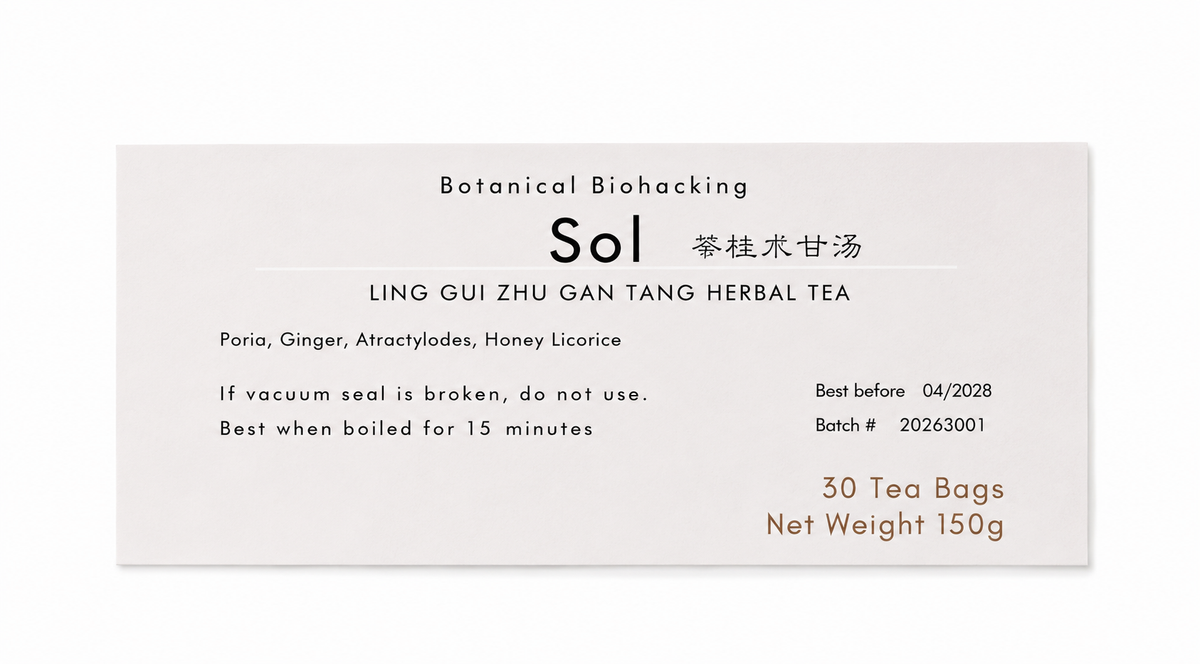 Close-up of the Sol (Ling Gui Zhu Gan Tang) herbal tea product label from Crawford Wellness, showing ingredients and brewing instructions on a light background.