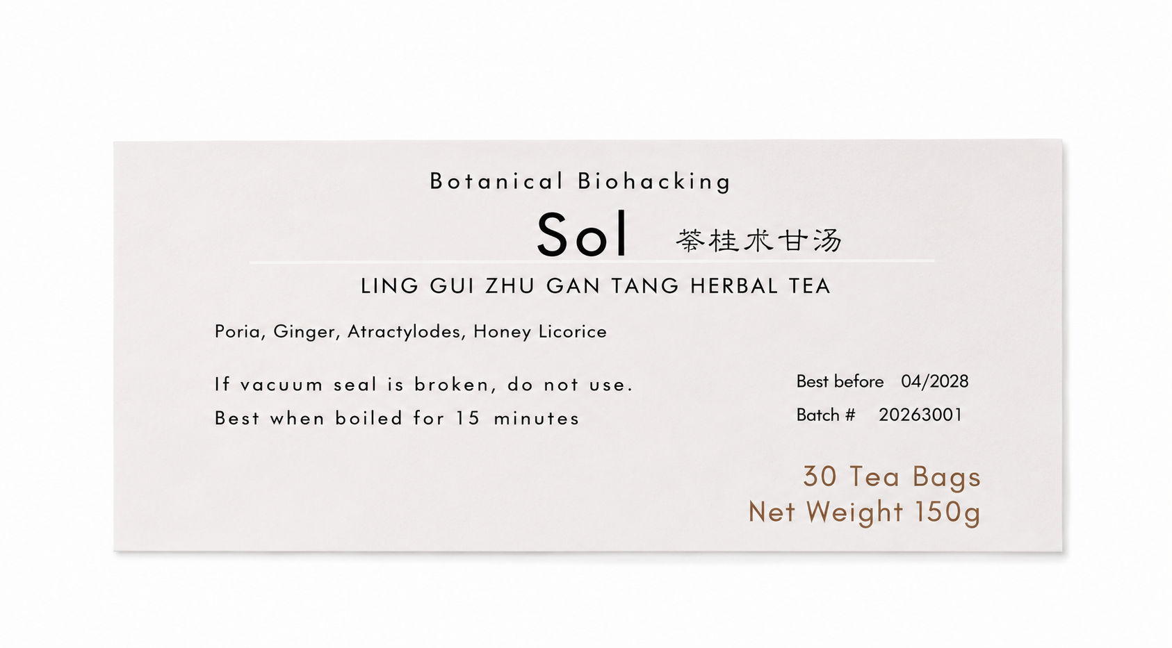 Close-up of the Sol (Ling Gui Zhu Gan Tang) herbal tea product label from Crawford Wellness, showing ingredients and brewing instructions on a light background.