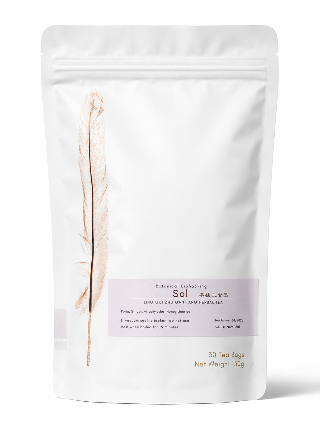 Sol herbal tea (Ling Gui Zhu Gan Tang) from Crawford Wellness, with a lavender label, in a white stand-up pouch on a plain white background.
