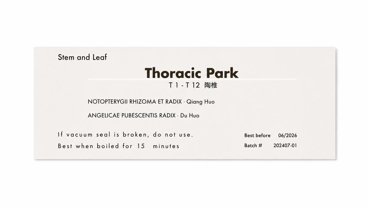 Close-up of the Thoracic Park (T1-T12) herbal tea product label from Crawford Wellness, showing ingredients and brewing instructions on a light background.
