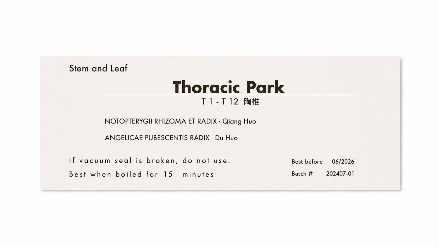 Close-up of the Thoracic Park (T1-T12) herbal tea product label from Crawford Wellness, showing ingredients and brewing instructions on a light background.