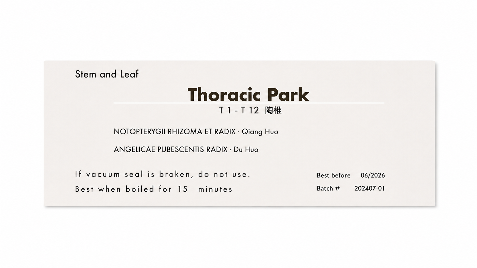 Close-up of the Thoracic Park (T1-T12) herbal tea product label from Crawford Wellness, showing ingredients and brewing instructions on a light background.