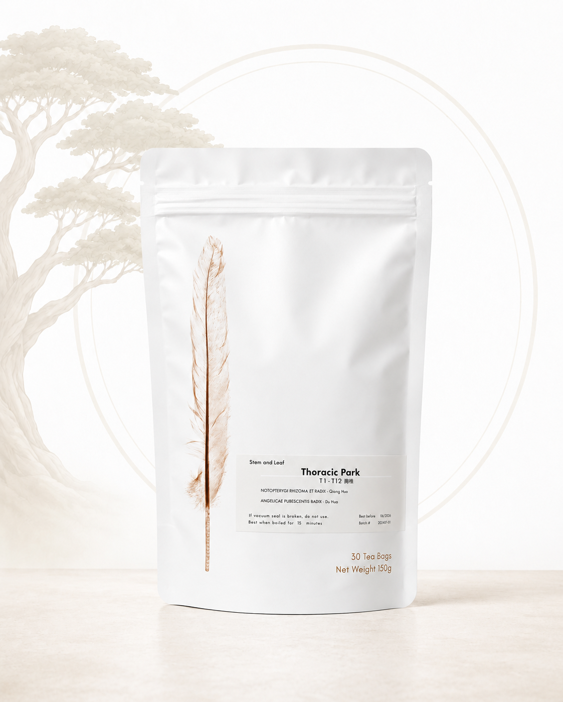 Thoracic Park herbal tea (T1-T12) from Crawford Wellness, with a white label, in a white stand-up pouch on a sage green background.