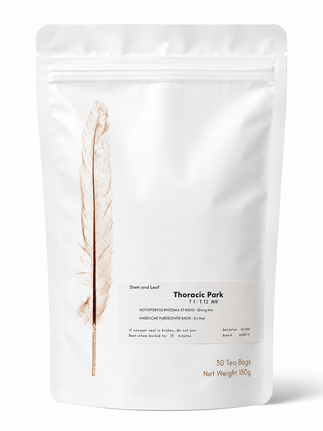 Thoracic Park herbal tea (T1-T12) from Crawford Wellness, with a white label, in a white stand-up pouch on a plain white background.