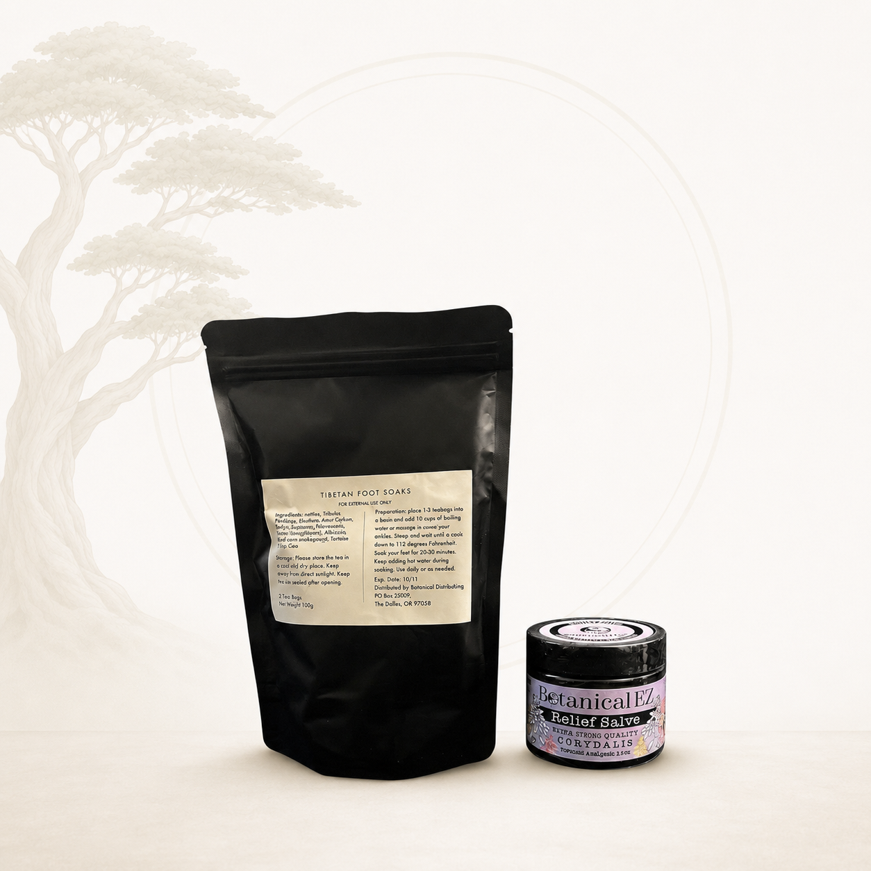 Black packaging with a label and a small jar on a white background