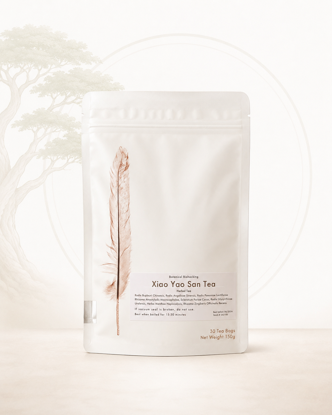 Tea package with a feather illustration and text on a white background