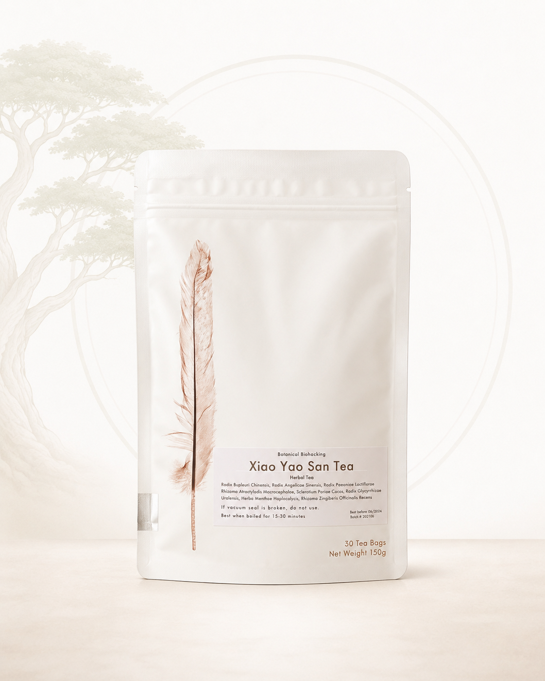 Tea package with a feather illustration and text on a white background
